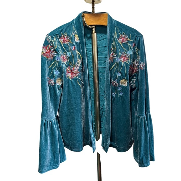 Mystree Sweaters - Mystree Teal Velvet Kimono with Embroidery Large